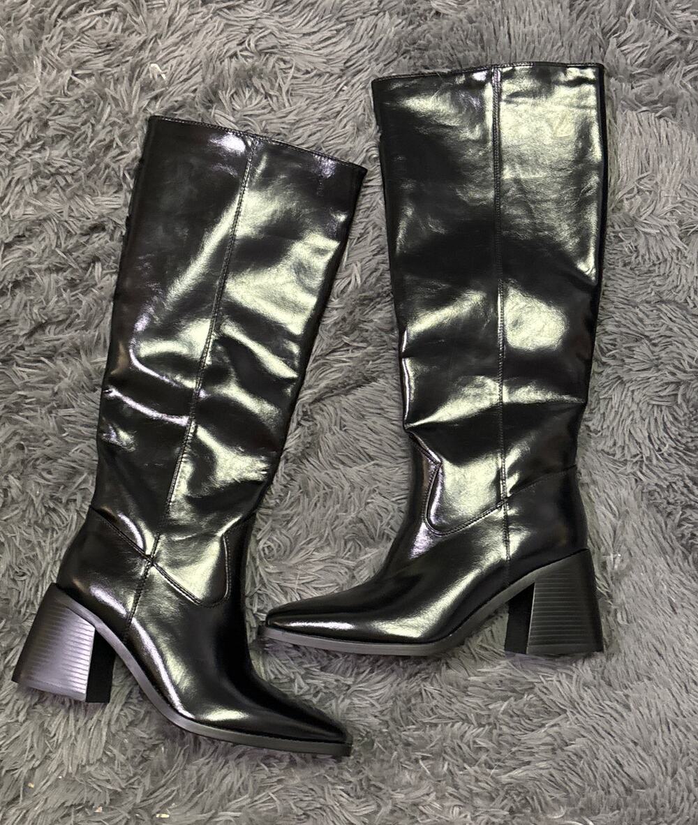 Black mid calf faux leather chunky heeled boots NEW size 7 women’s